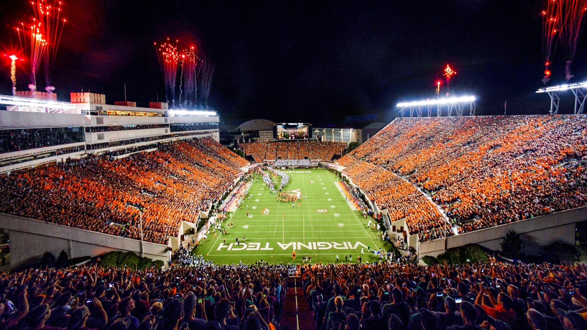 Fireworks over a packed Lane Stadium as the Virginia Tech football team takes the field